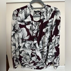 Alfani Burgundy and White Floral Splice Front Blouse